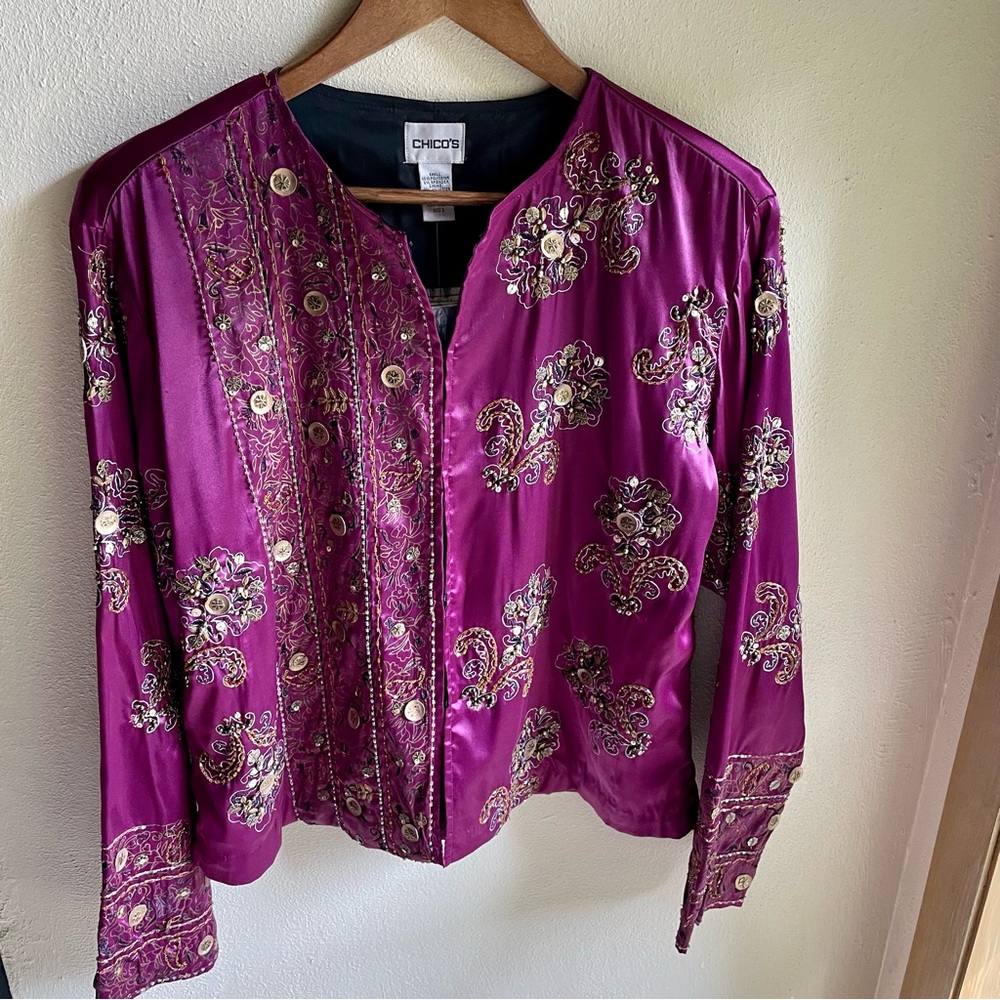 Chico's Royal Glam Ratune Beaded & Embroidered Jacket. Fuscia. Chico's 2=Size 12